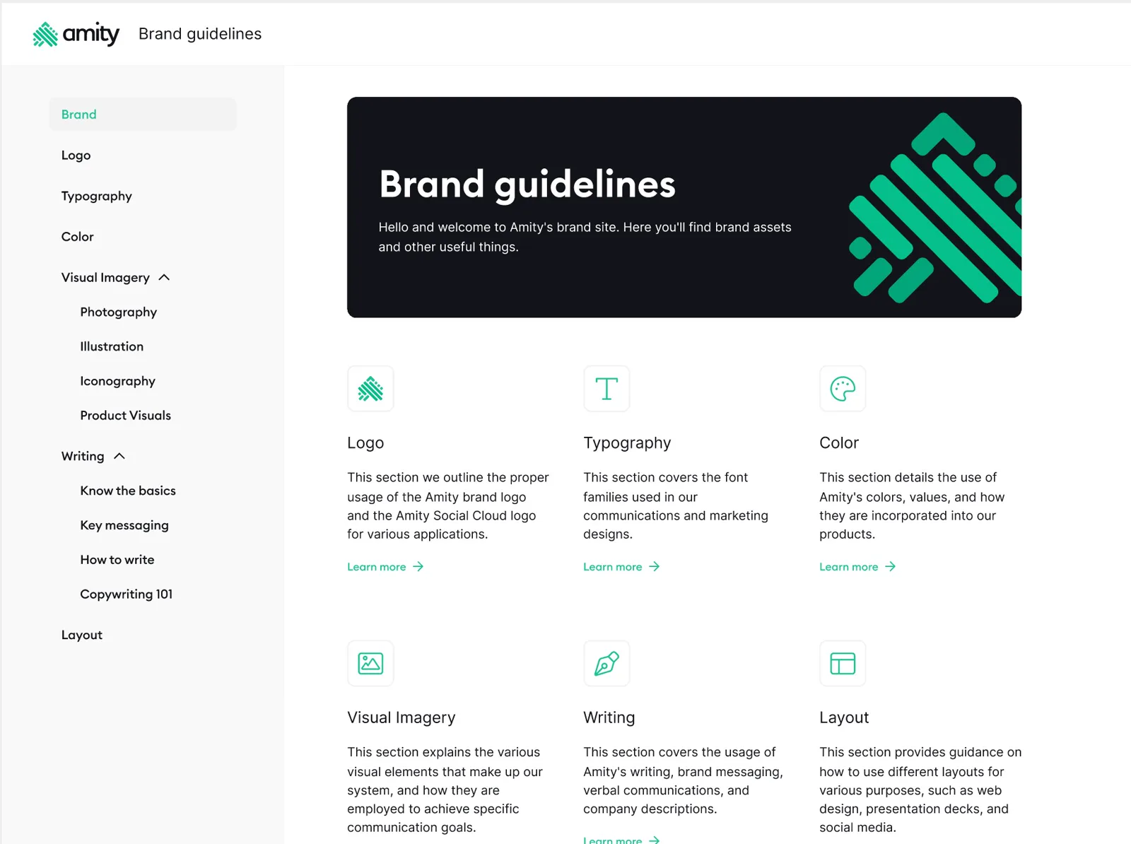Amity brand guidelines site with logo, typography and colour sections
