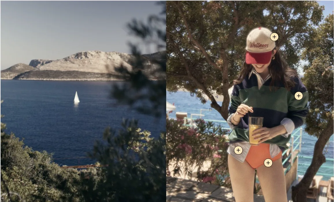 Holiday campaign: a sea view and a woman in a red visor
