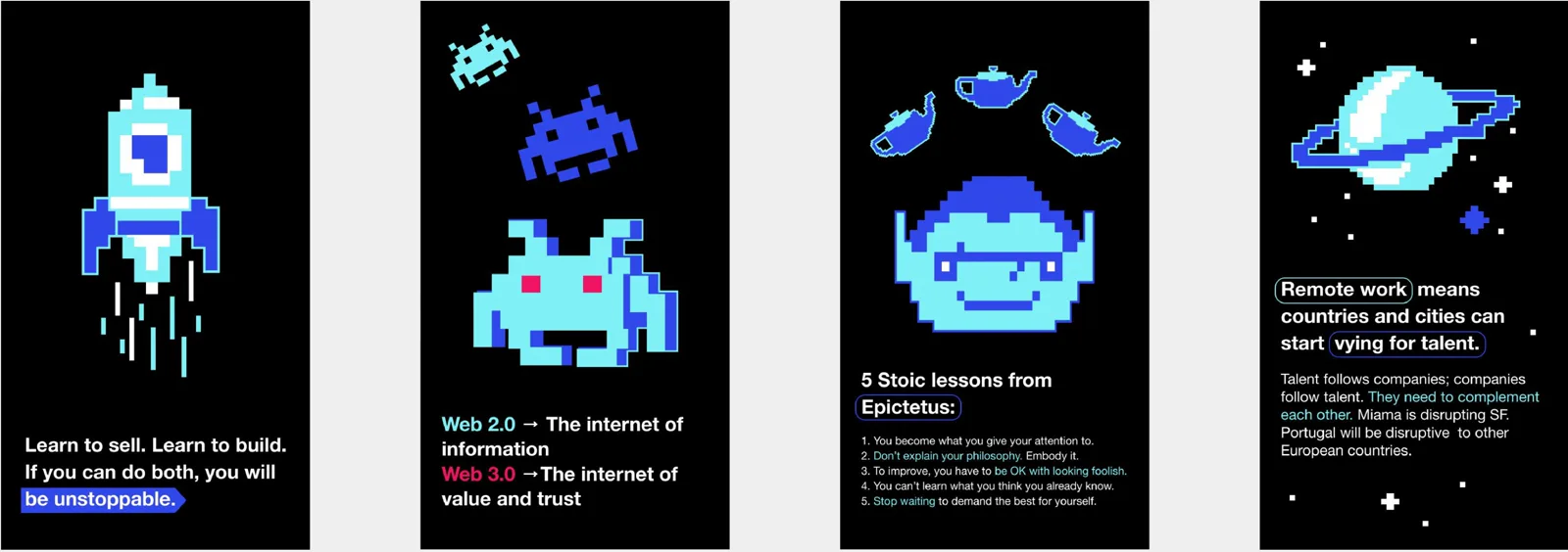 Four pixel-art visuals: a rocket, space invaders, a face, a planet